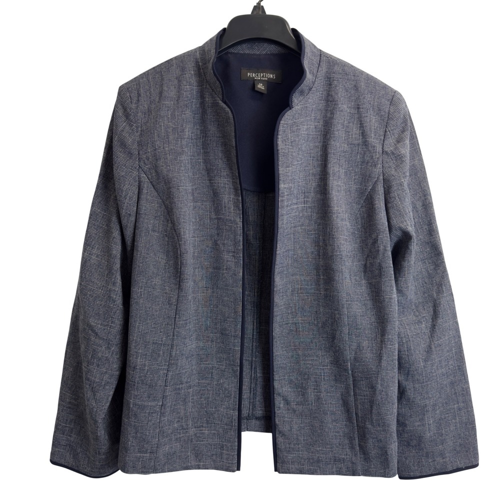 Perceptions New York Womens Blue Micro Check Open Front Blazer Jacket Size 14